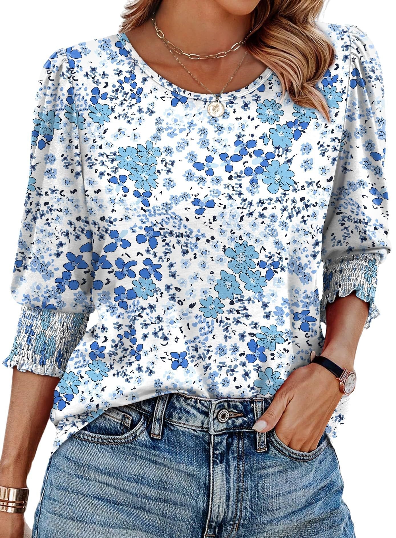 🔥Women Dressy Casual 3/4 Length Sleeve Blouses with Smocked Cuffs