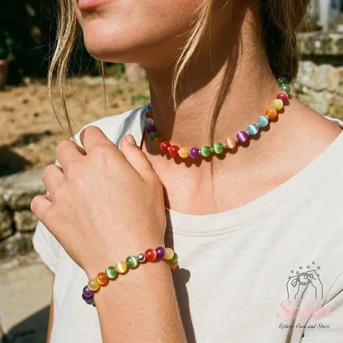 📿Sofia Dopamine Rainbow Beaded Choker Necklace-UV Reactive Waterproof Stainless Steel Stackable Summer Jewelry