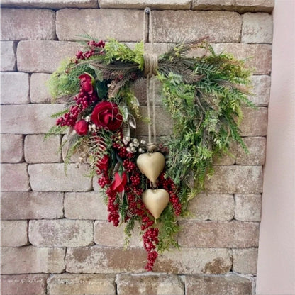 ❤️ Valentine’s Day Farmhouse Heart Wreath: Gold Bells, Red Roses & Berries🎉