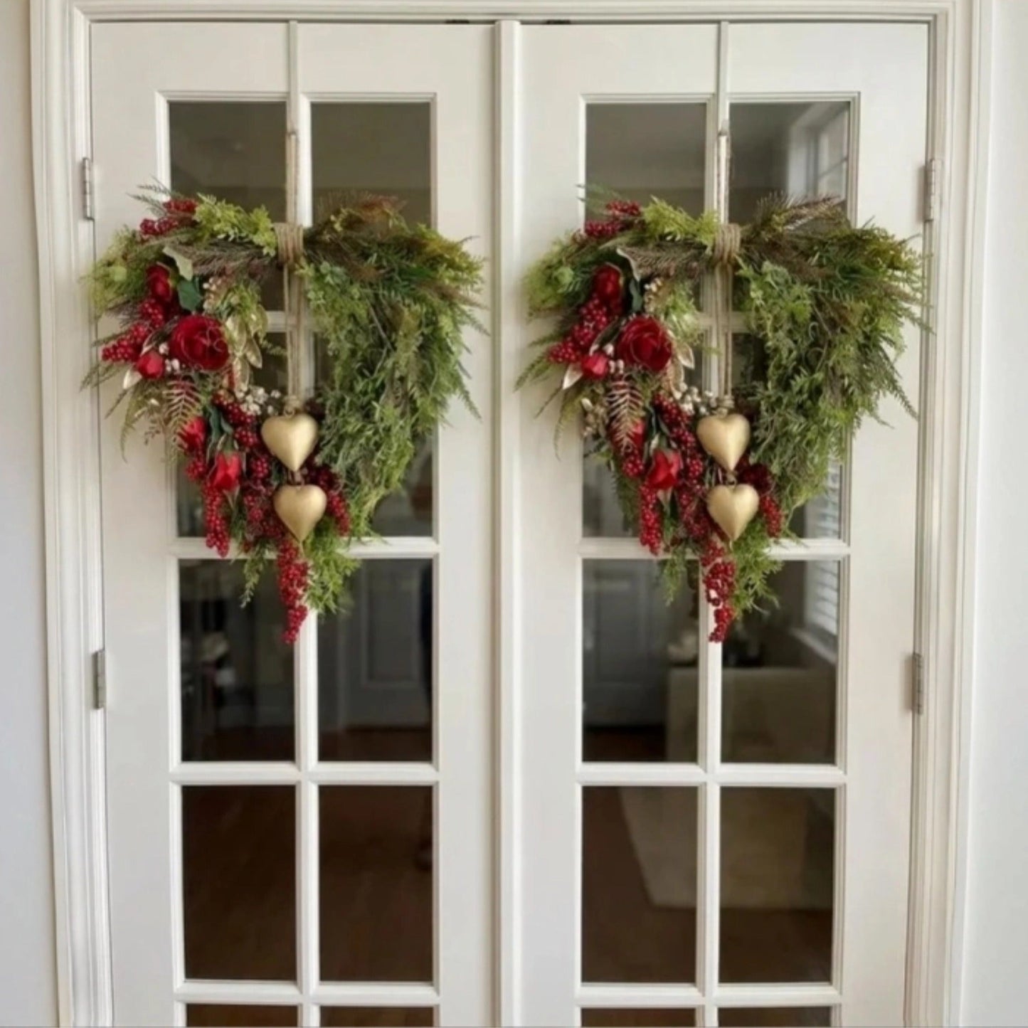 ❤️ Valentine’s Day Farmhouse Heart Wreath: Gold Bells, Red Roses & Berries🎉