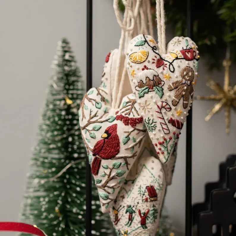 💖DIY Heart Shaped Hand Embroidered Christmas Ornament/Ornament Kit