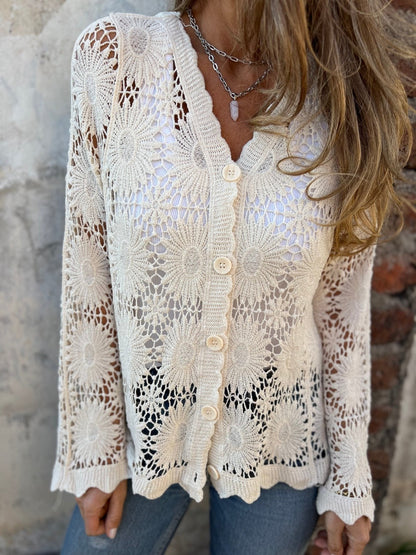 🏆Flash Sale⚡ 50K+ SOLD! Almost Gone-💥Cutout Embroidered V-Neck Button Long Sleeve Top,Best gifts