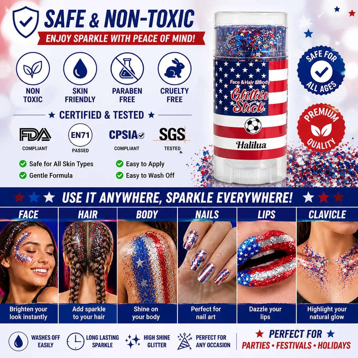 🦅4th of July Glitter Stick🇺🇸🎉Red, White & Blue Body & Hair Sparkle