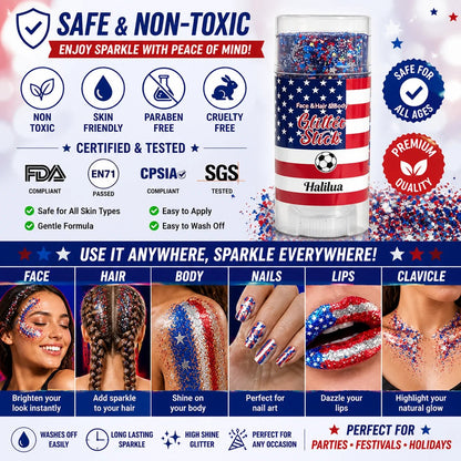 🦅4th of July Glitter Stick🇺🇸🎉Red, White & Blue Body & Hair Sparkle