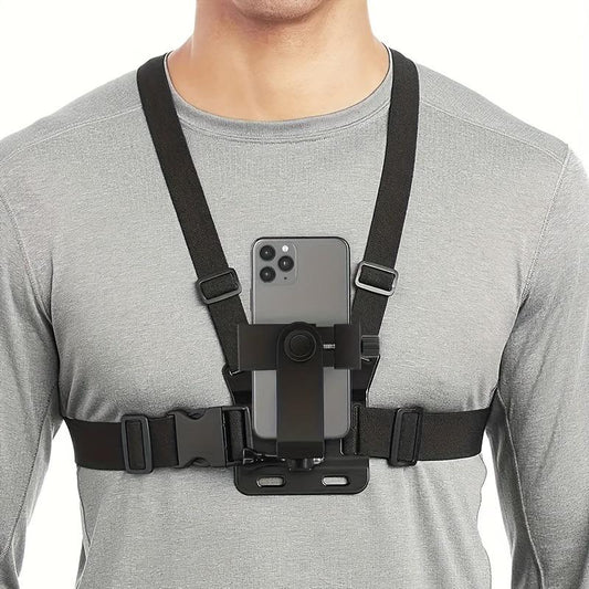 Chest strap phone holder, adjustable phone chest strap holder