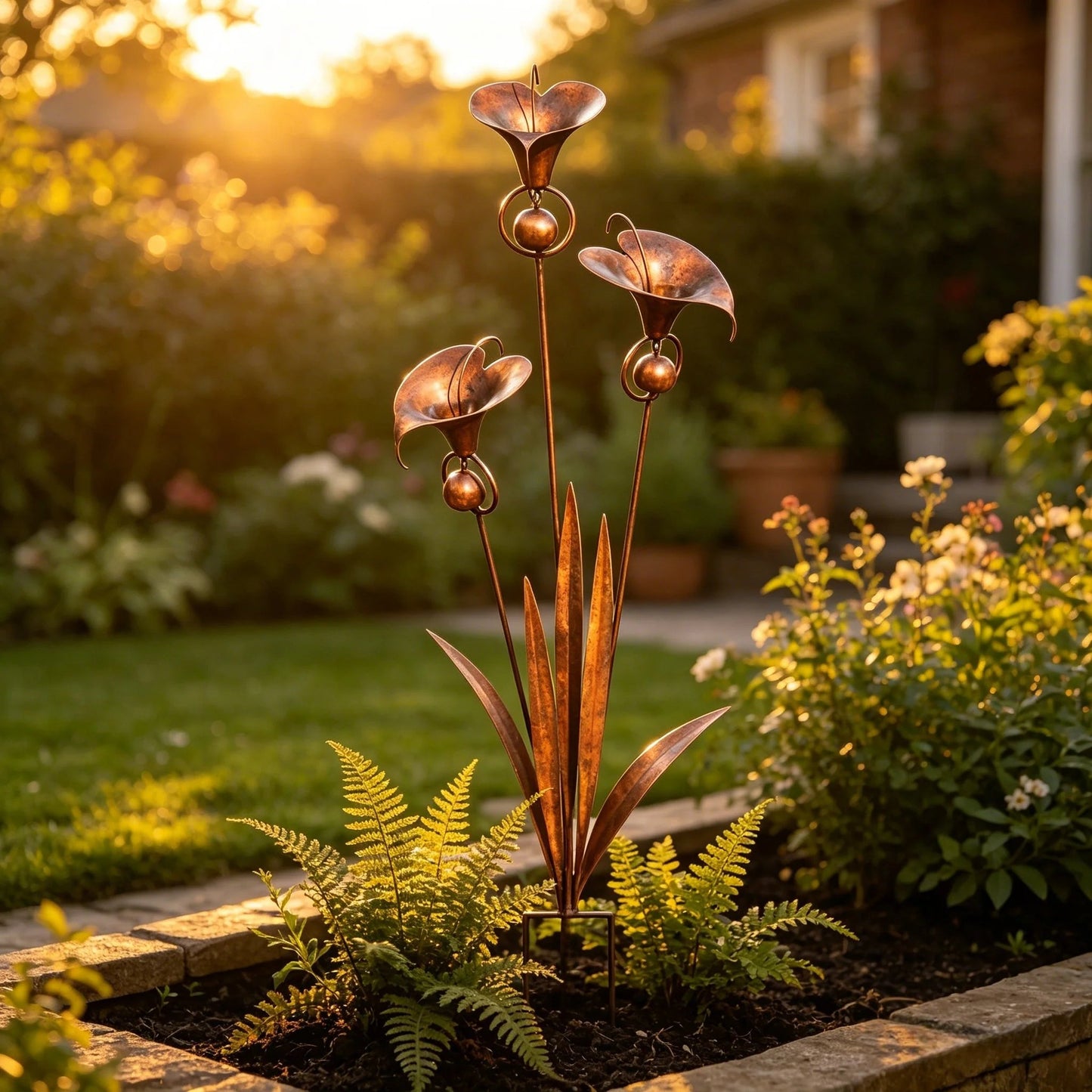 ⏰ 30% OFF – Limited Time Only✨🌼Flamed Copper Three Calla Lilies Garden Stake with Bells🔔