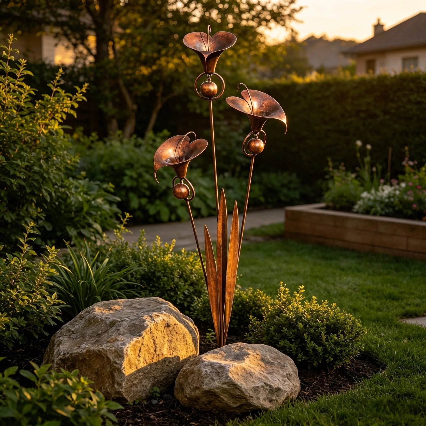 ⏰ 30% OFF – Limited Time Only✨🌼Flamed Copper Three Calla Lilies Garden Stake with Bells🔔