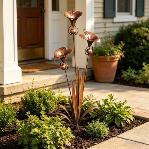 ⏰ 30% OFF – Limited Time Only✨🌼Flamed Copper Three Calla Lilies Garden Stake with Bells🔔