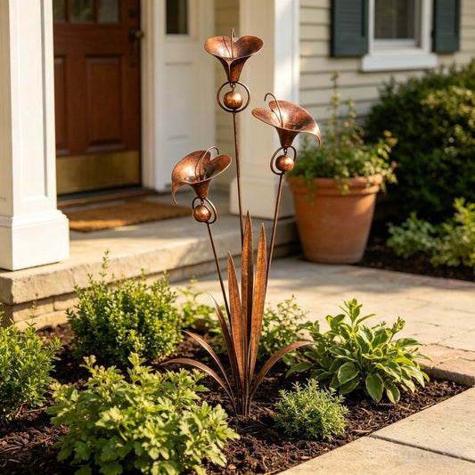 ⏰ 30% OFF – Limited Time Only✨🌼Flamed Copper Three Calla Lilies Garden Stake with Bells🔔