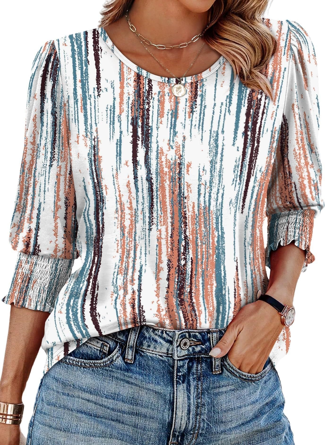Women Dressy Casual 3/4 Length Sleeve Blouses with Smocked Cuffs