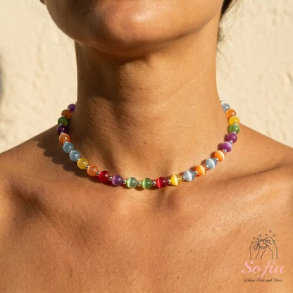 📿Sofia Dopamine Rainbow Beaded Choker Necklace-UV Reactive Waterproof Stainless Steel Stackable Summer Jewelry