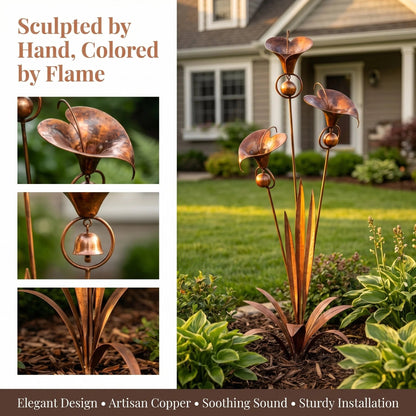 ⏰ 30% OFF – Limited Time Only✨🌼Flamed Copper Three Calla Lilies Garden Stake with Bells🔔