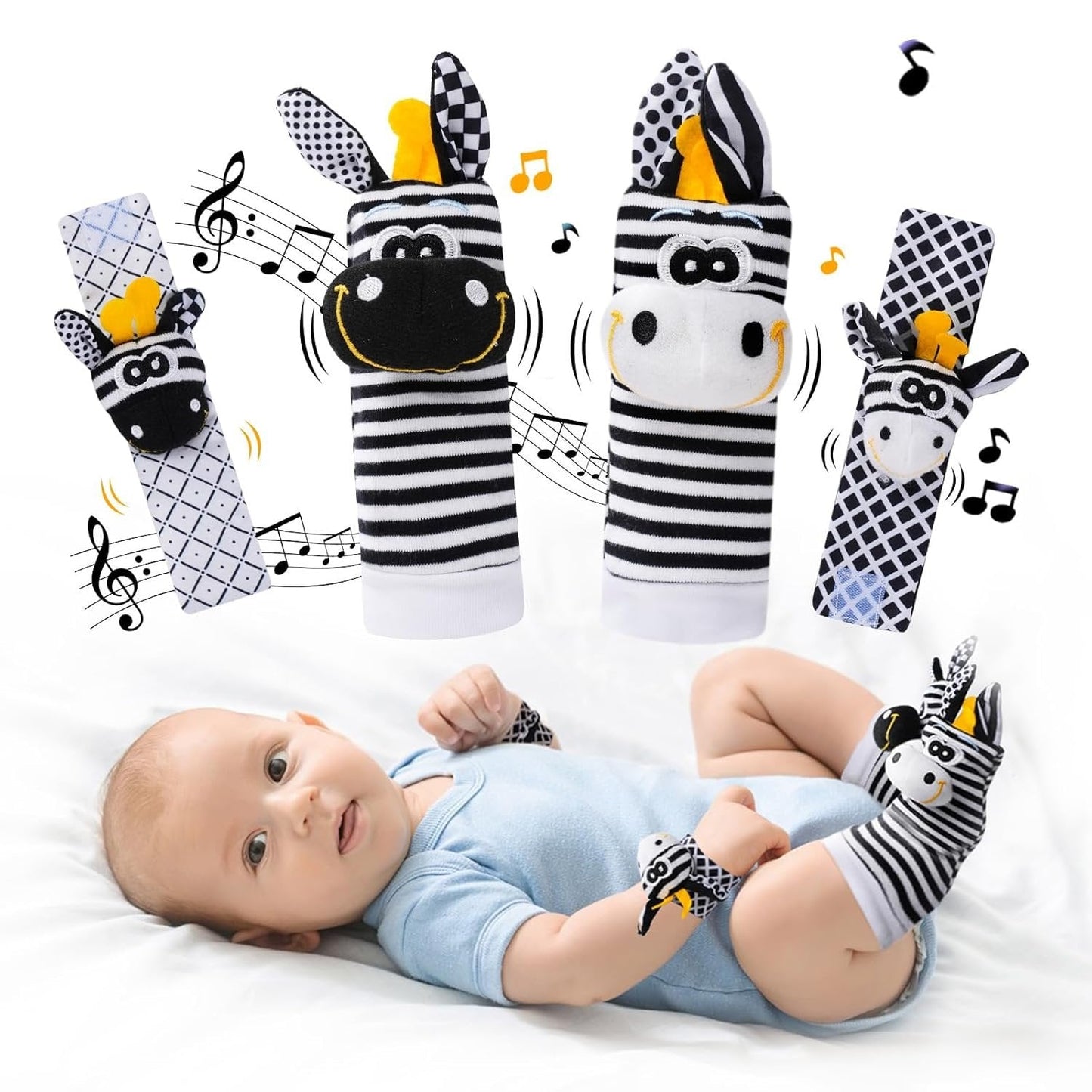 🔥Last Day 56% OFF - 👶🌈A set Newborn Baby Cartoon Animal Wrist Bell Rattle Socks