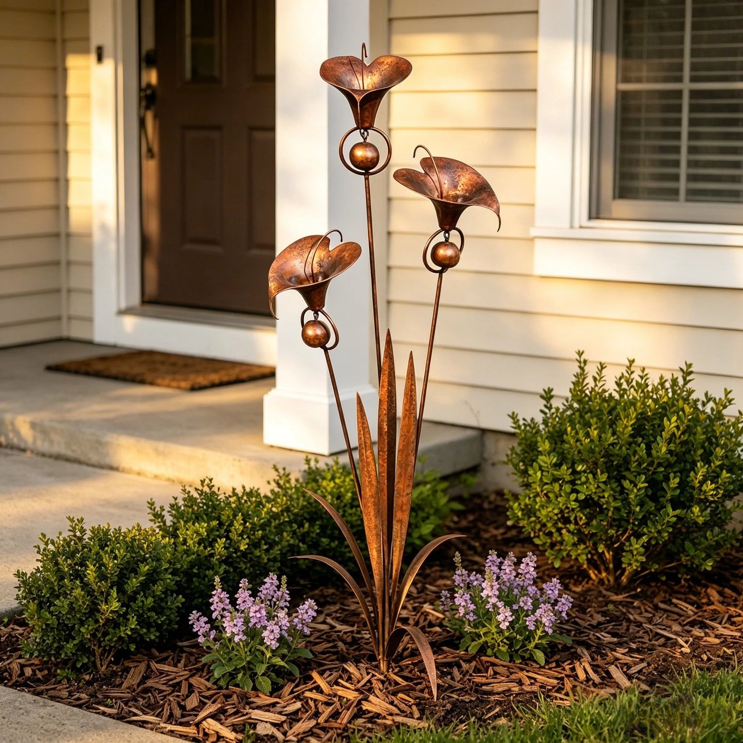 ⏰ 30% OFF – Limited Time Only✨🌼Flamed Copper Three Calla Lilies Garden Stake with Bells🔔