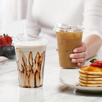 16oz-24oz crystal clear plastic cup, disposable cup with lid, perfect for iced coffee and on-the-go beverages.