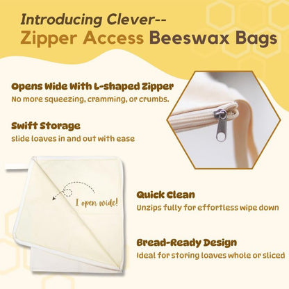 🍞Wide Zipper Access Cotton & Beeswax Bread Bags for Sourdough✨
