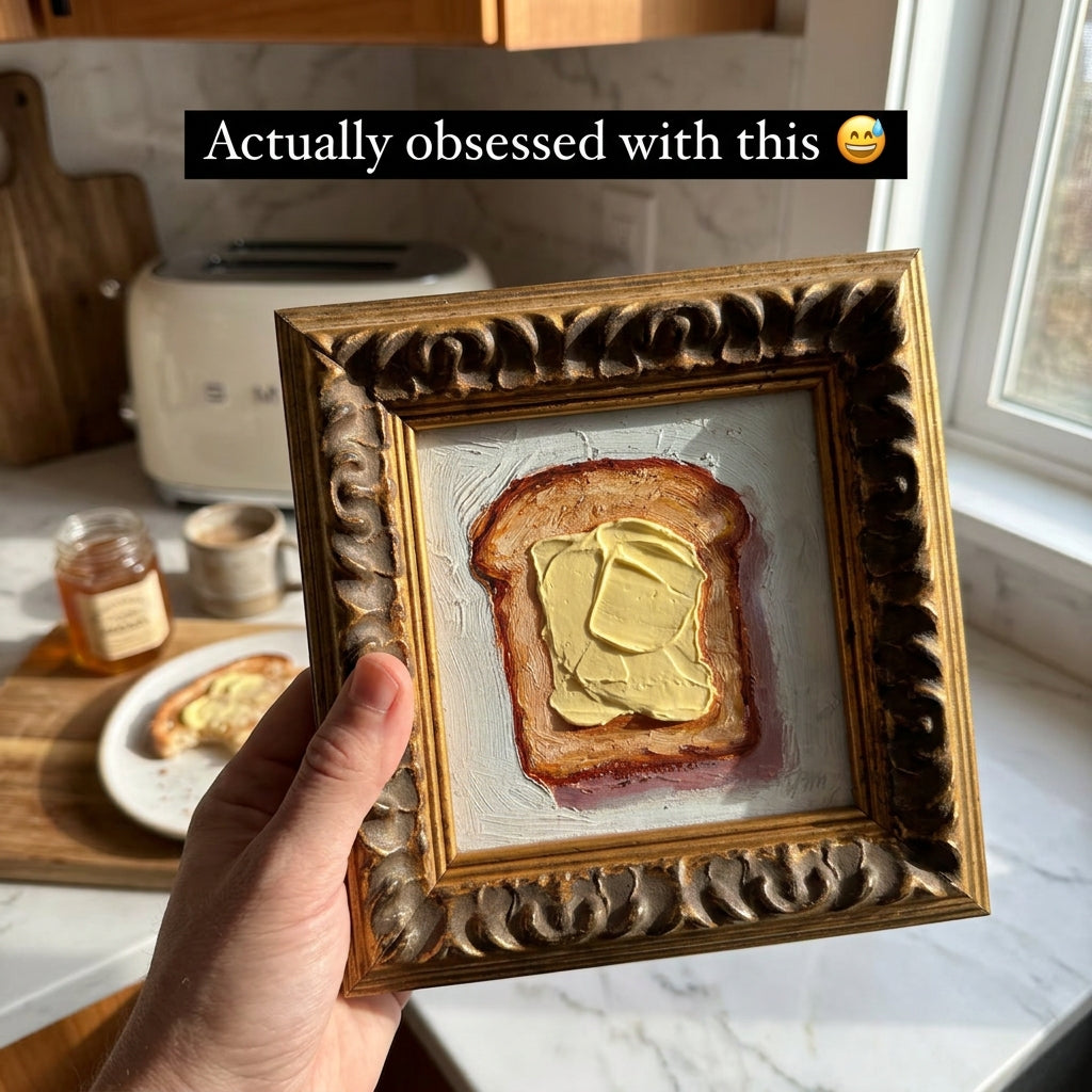 🍞🧈 Original Framed Butter Toast Oil Painting — Cozy Kitchen Wall Art 🖼️