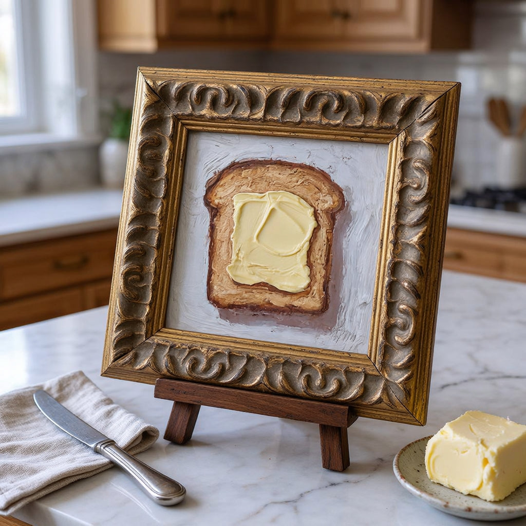 🍞🧈 Original Framed Butter Toast Oil Painting — Cozy Kitchen Wall Art 🖼️