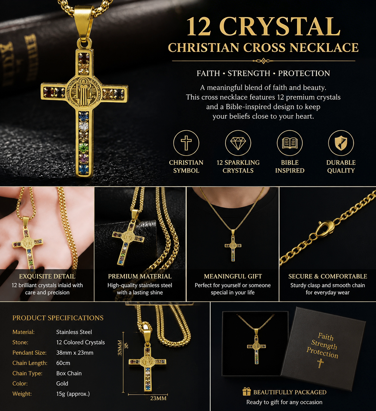 ✝️12 CRYSTAL CHRISTIAN CROSS NECKLACE✨