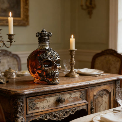 💀 Vintage Gothic Skull Whiskey Decanter | Ornate Baroque Liquor Bottle
