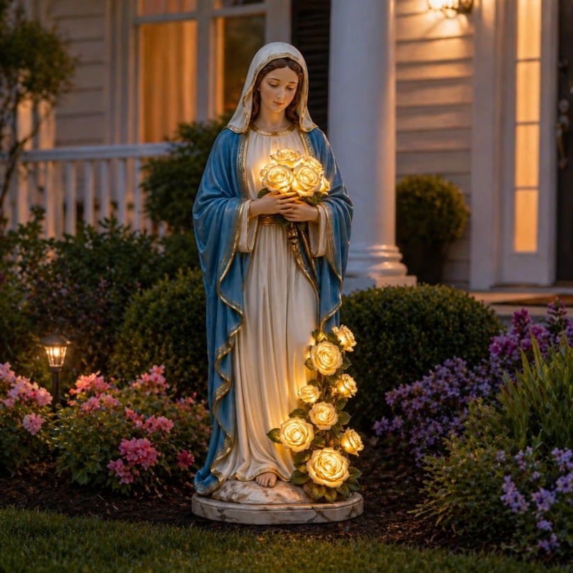 💗A Gentle Blessing: Virgin Mary Solar Garden Statue with Glowing Roses