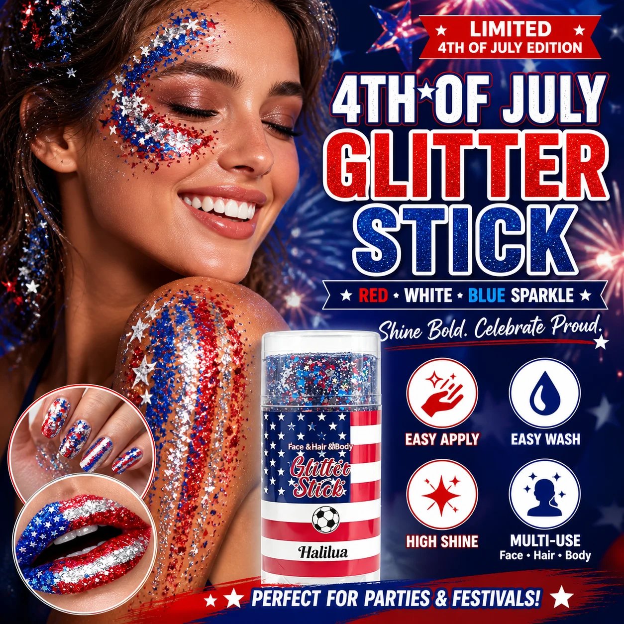 🦅4th of July Glitter Stick🇺🇸🎉Red, White & Blue Body & Hair Sparkle