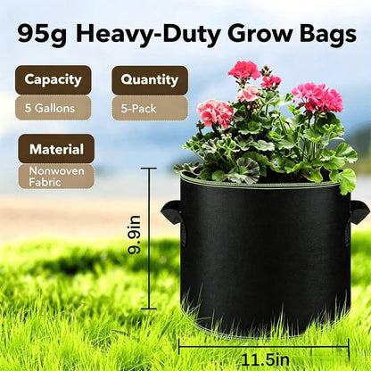 5-Pack 5 Gallon Grow Bags – Heavy Duty Aeration Fabric Pots with Handles for Vegetables, Flowers & Fruits 🪴