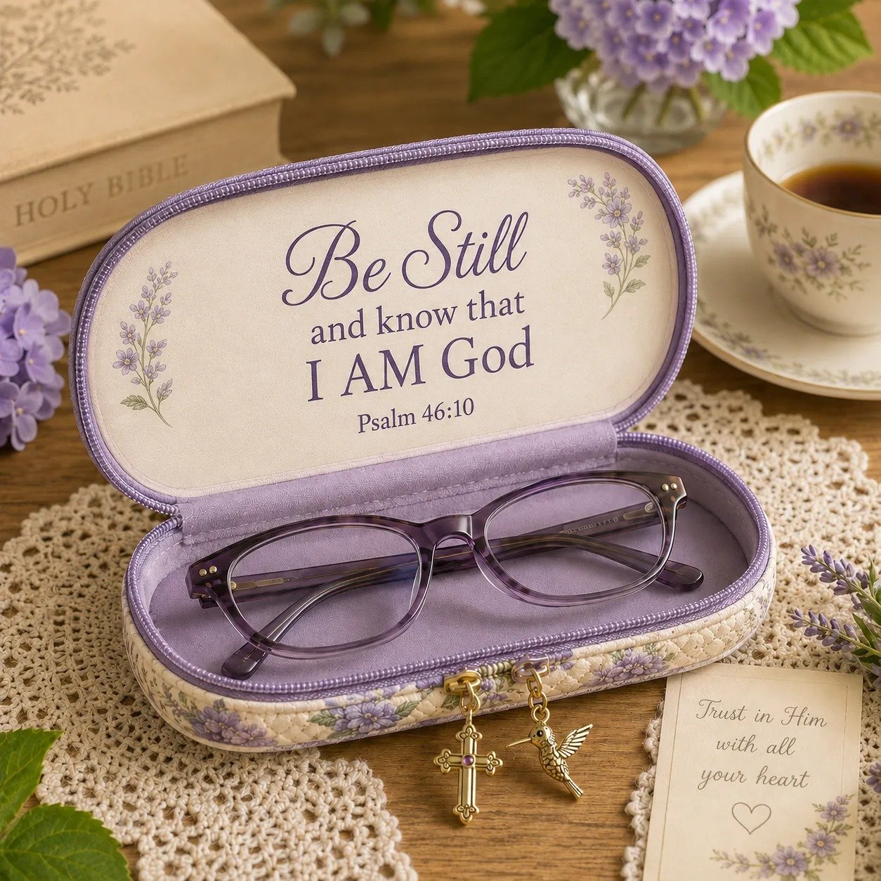 ✝️ Be Still Hummingbird Quilted Glasses Case 💜
