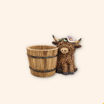 🐮Adorable Ceramic Highland Cow with Wooden Barrel Planter for Succulents🪴