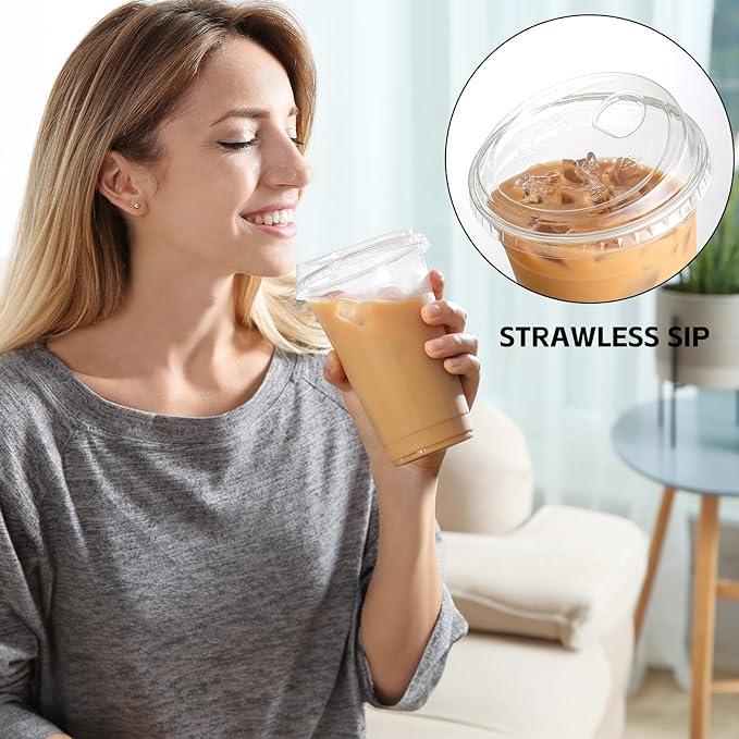 16oz-24oz crystal clear plastic cup, disposable cup with lid, perfect for iced coffee and on-the-go beverages.