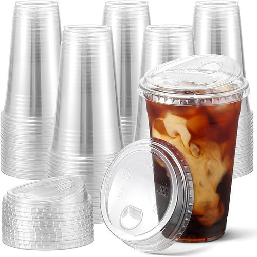 16oz-24oz crystal clear plastic cup, disposable cup with lid, perfect for iced coffee and on-the-go beverages.