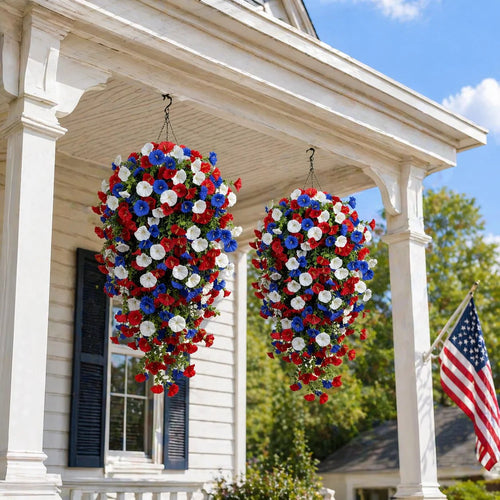 🎉Patriotic Hanging Flower Baskets 🔴⚪🔵 - Artificial Outdoor Decor, No Maintenance🇺🇸