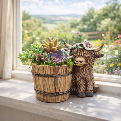 🐮Adorable Ceramic Highland Cow with Wooden Barrel Planter for Succulents🪴